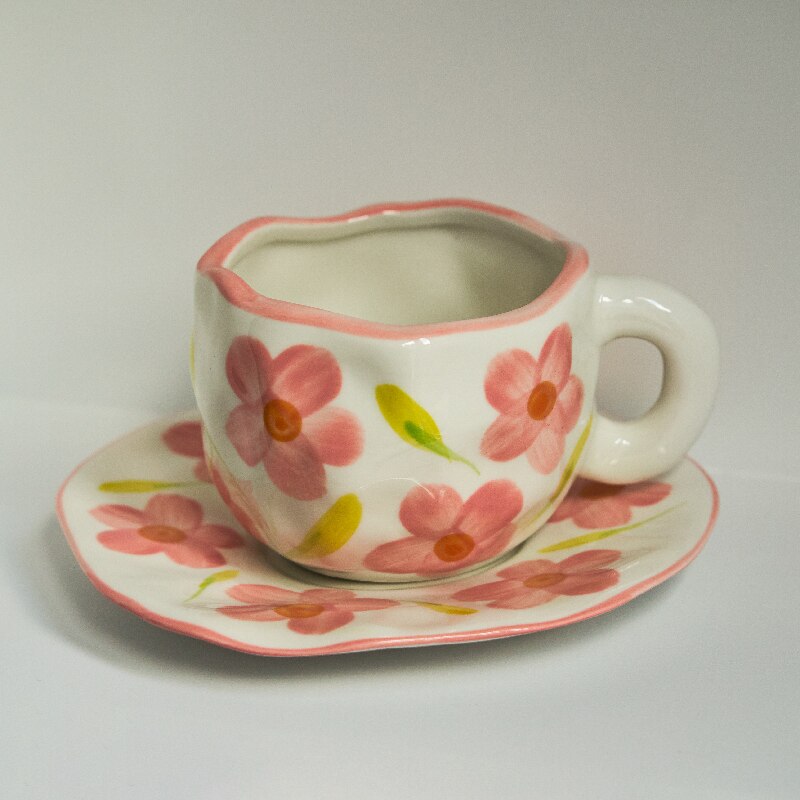 Korean Ins Style Hand Made Irregular Mug Hand Painted Flowers Ceramic Mug Breakfast Cup Coffee Cup Cute Tea Cups