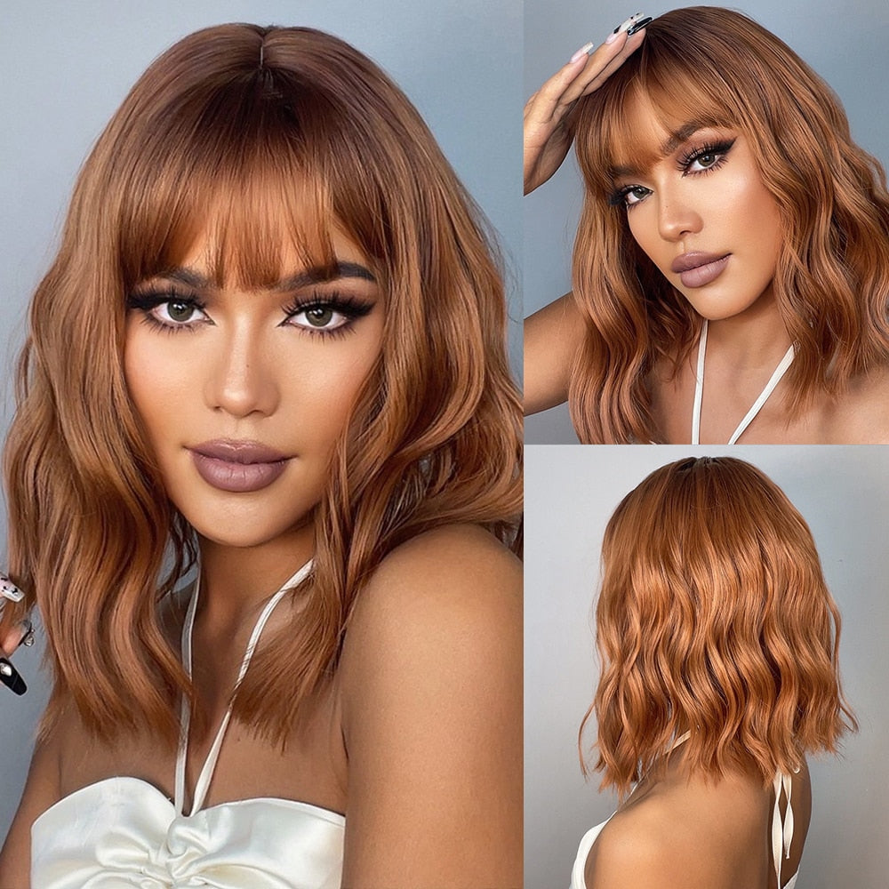 Short Wavy Dark Brown Mixed Golden Wigs with Bangs Black Blonde Bob Synthetic Hair for Women Natural Cosplay Heat Resistant Wig