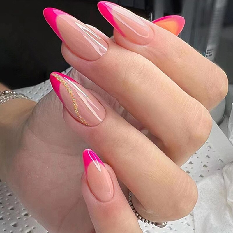 24pcs French natural fake nails with white edge full cover nude nail tips press on nails short almond artificial nails with glue
