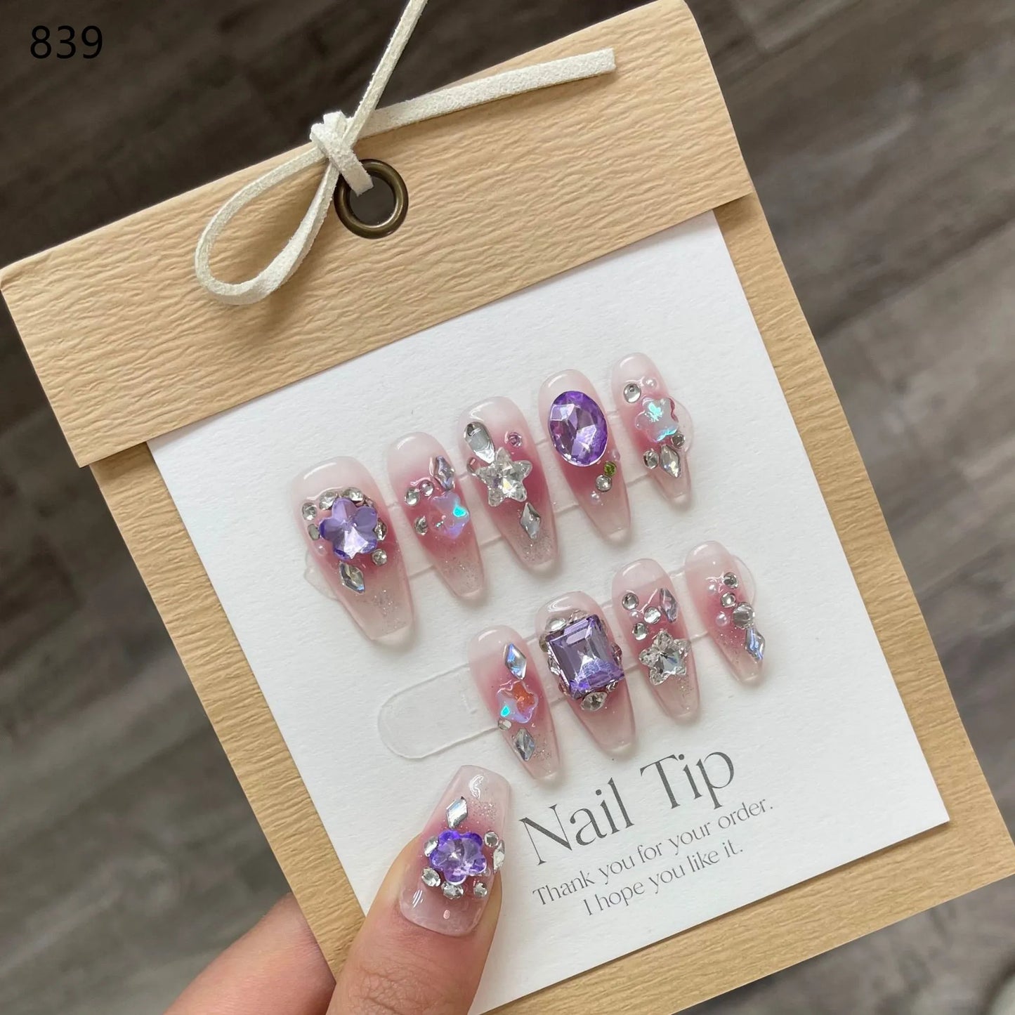 10Pcs Pink French Y2k Nail Tips Long Ballet Handmade Fake Nail Wearable False Nails with Rhinestone Press on Nails Manicure