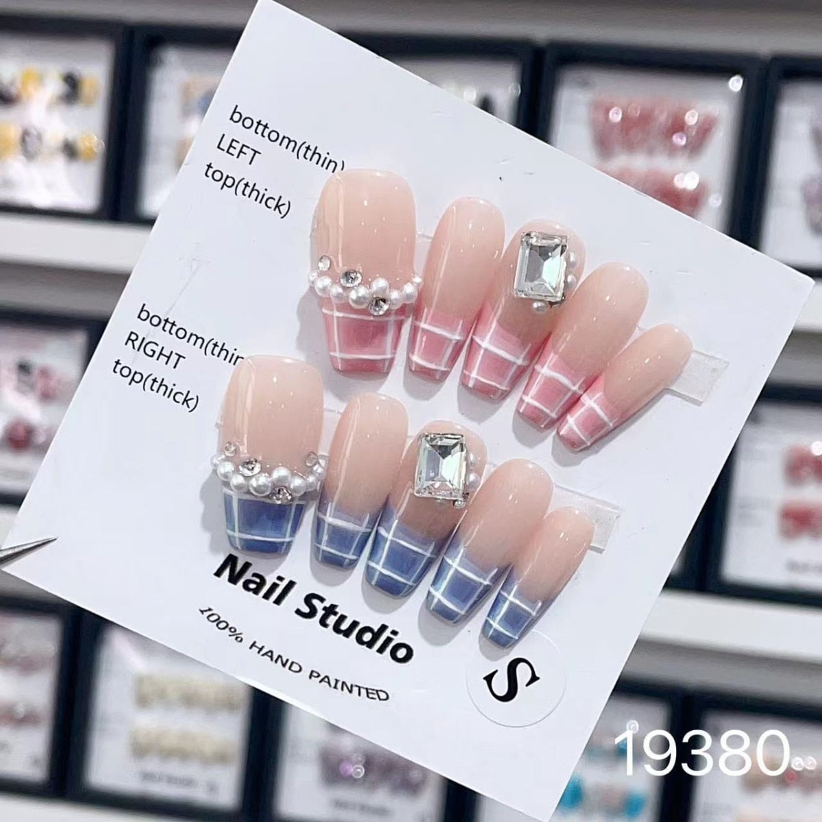 Bow Ice Translucent Sense Handmade Wearable Fake Nail Gradient AB Asymmetric Almond False Nails Trim Nail Shape Nail Decoration