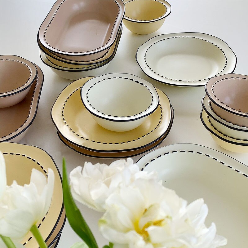 Japanese Cream Cartoon Ceramic Tableware Set Irregular Rice Bowl Soup Ceramic Plate Household Dish Stripe