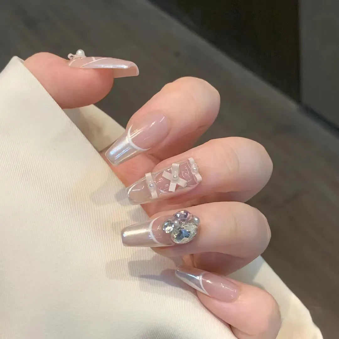 Medium Length Fake Nails 3D Flower Pearl Designs Nude Pink Color Press on Nails Ballerina False Nails for Women DIY Manicure