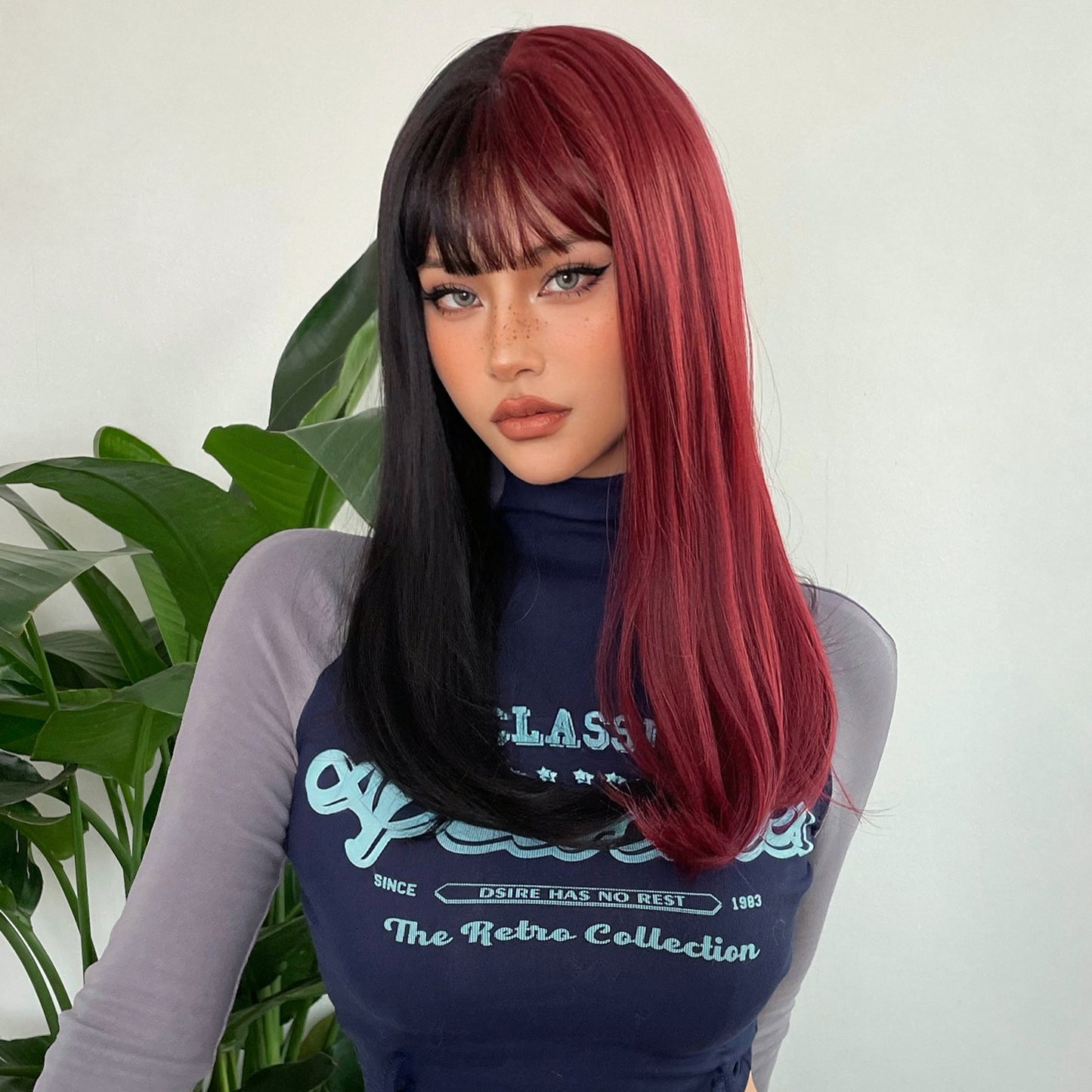 Black and Dark Red Long Straight Synthetic Hair Wigs with Bangs Cosplay Party Halloween Two Tone Wig for Women Heat Resistant