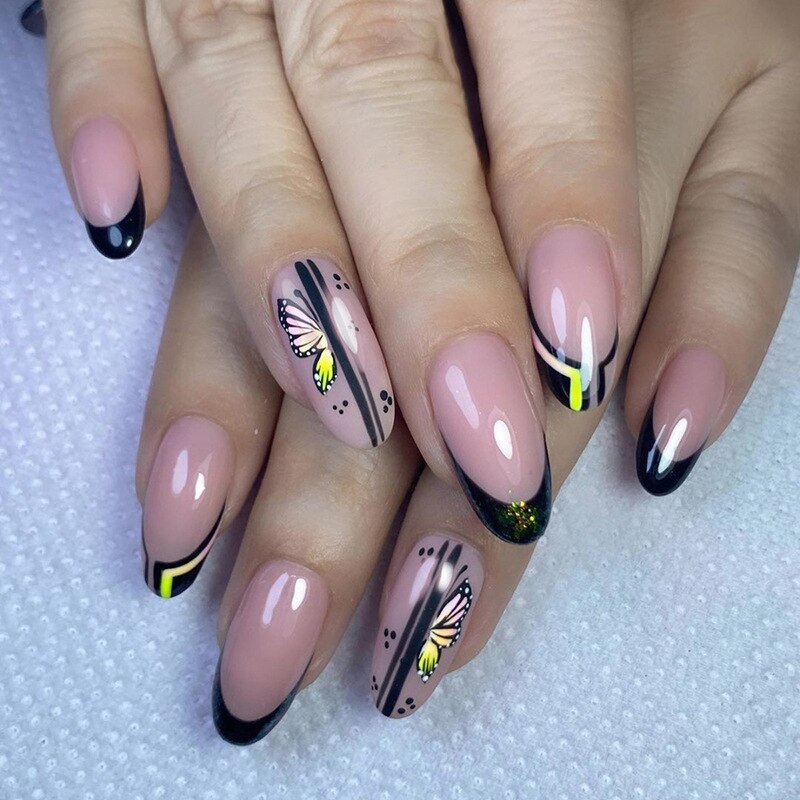 24Pcs Purple Heart Almond False Nails Artificial Simple with Glue French Wearable Fake Nails Full Cover Press on Nails Tips Art