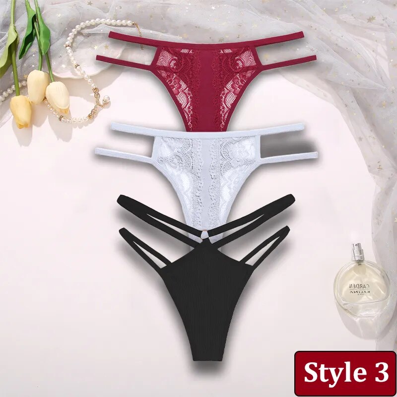 3PCS/Set Women Sexy Lace Panties Hollow Out Thongs Low Waist Female Cotton G-String Underwear Bikini Intimates Lingerie