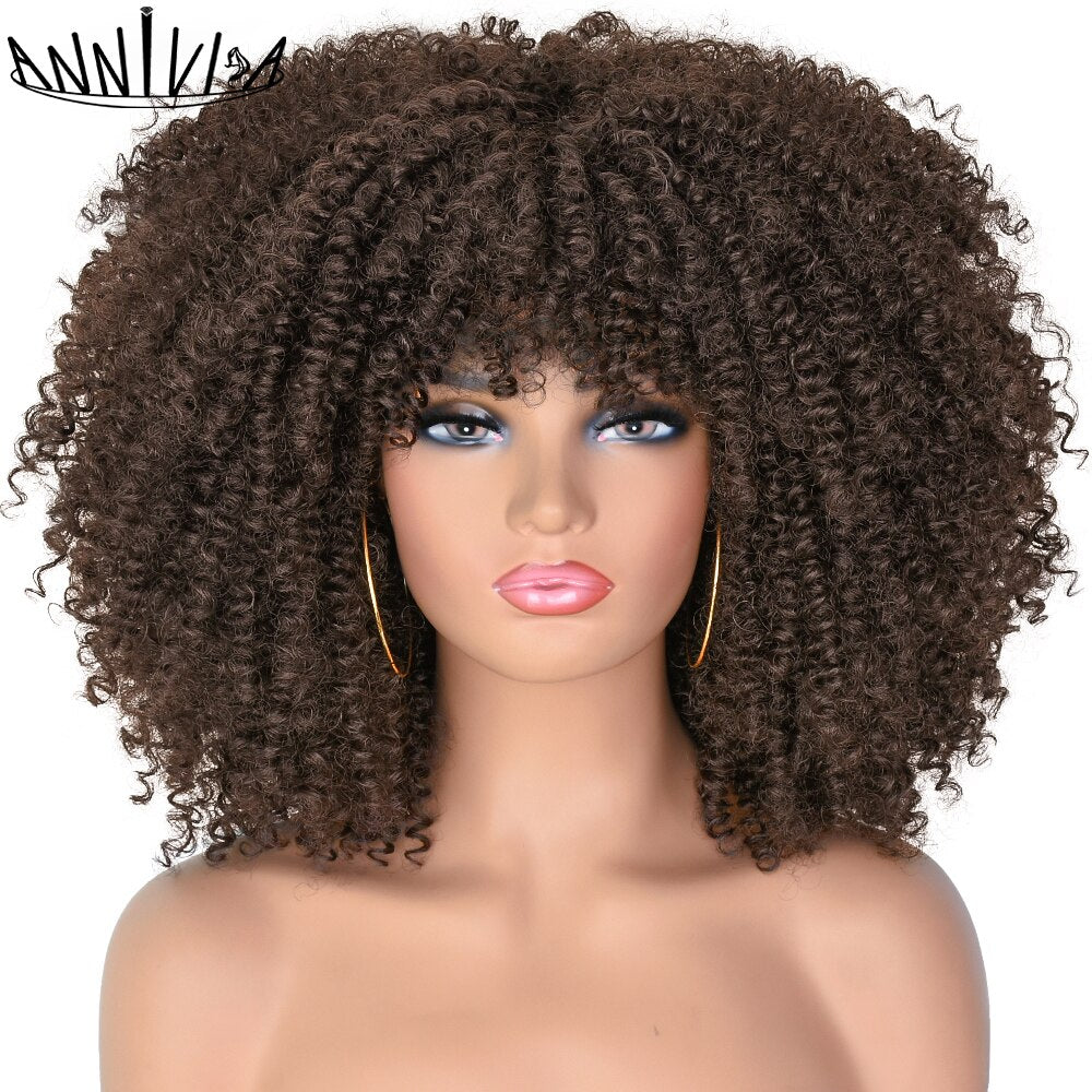 Short Hair Afro Kinky Curly Wigs With Bangs for Black Women Synthetic Ombre Glueless Cosplay Natural Brown Black Pink