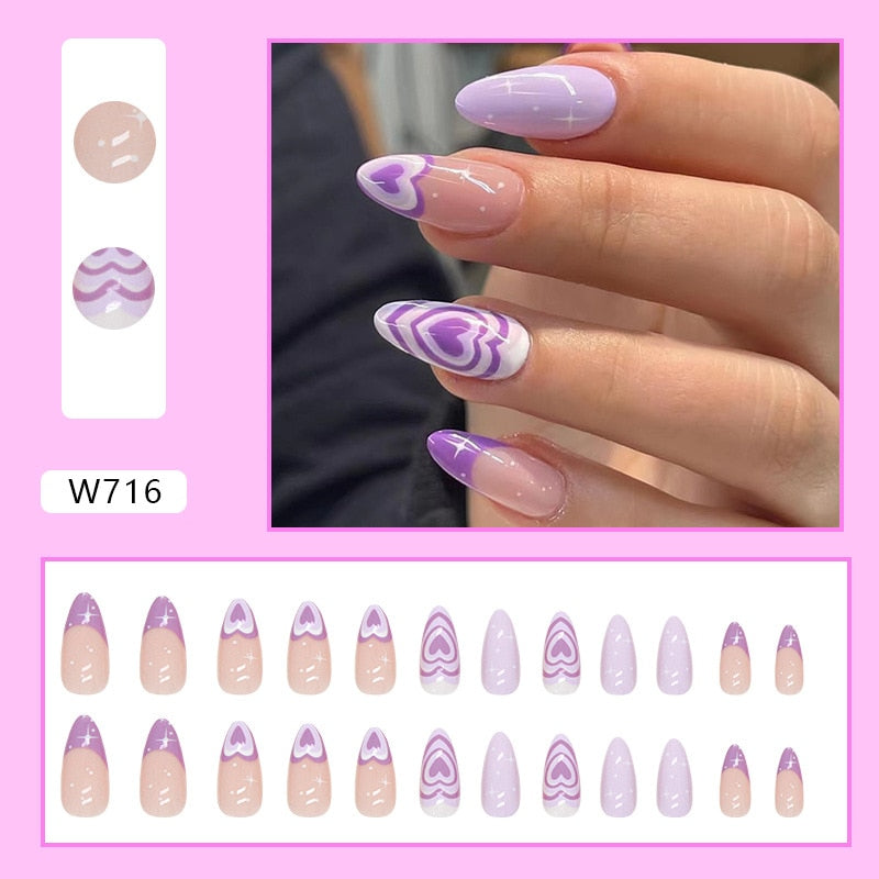 24Pcs Purple Heart Almond False Nails Artificial Simple with Glue French Wearable Fake Nails Full Cover Press on Nails Tips Art
