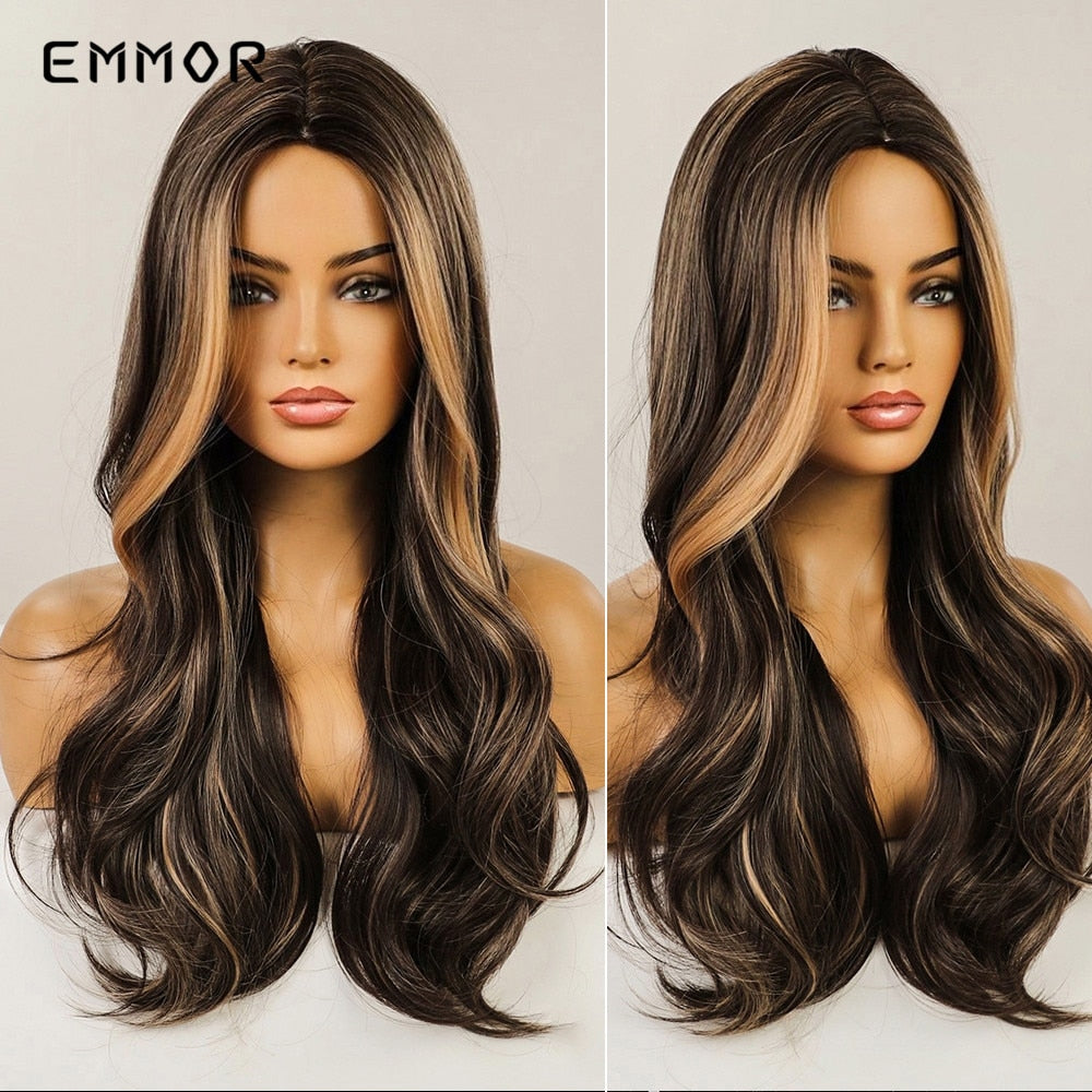 Synthetic Women Long Wavy Wigs Brown with Blonde Wigs Natural Wavy Heat Resistant Wig for Women Wigs