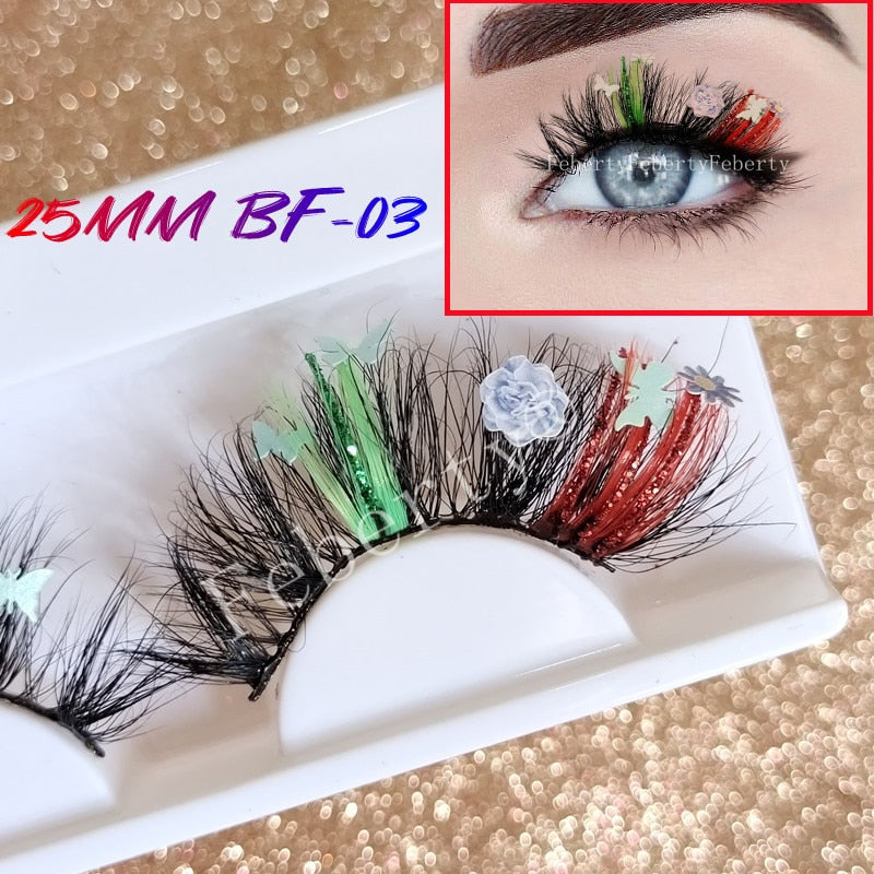 Fluffy lashes 25mm glitter Mink Lashes With Butterfly flowers yellow Pink Green Colorful Lashes Glitter False Eyelashes