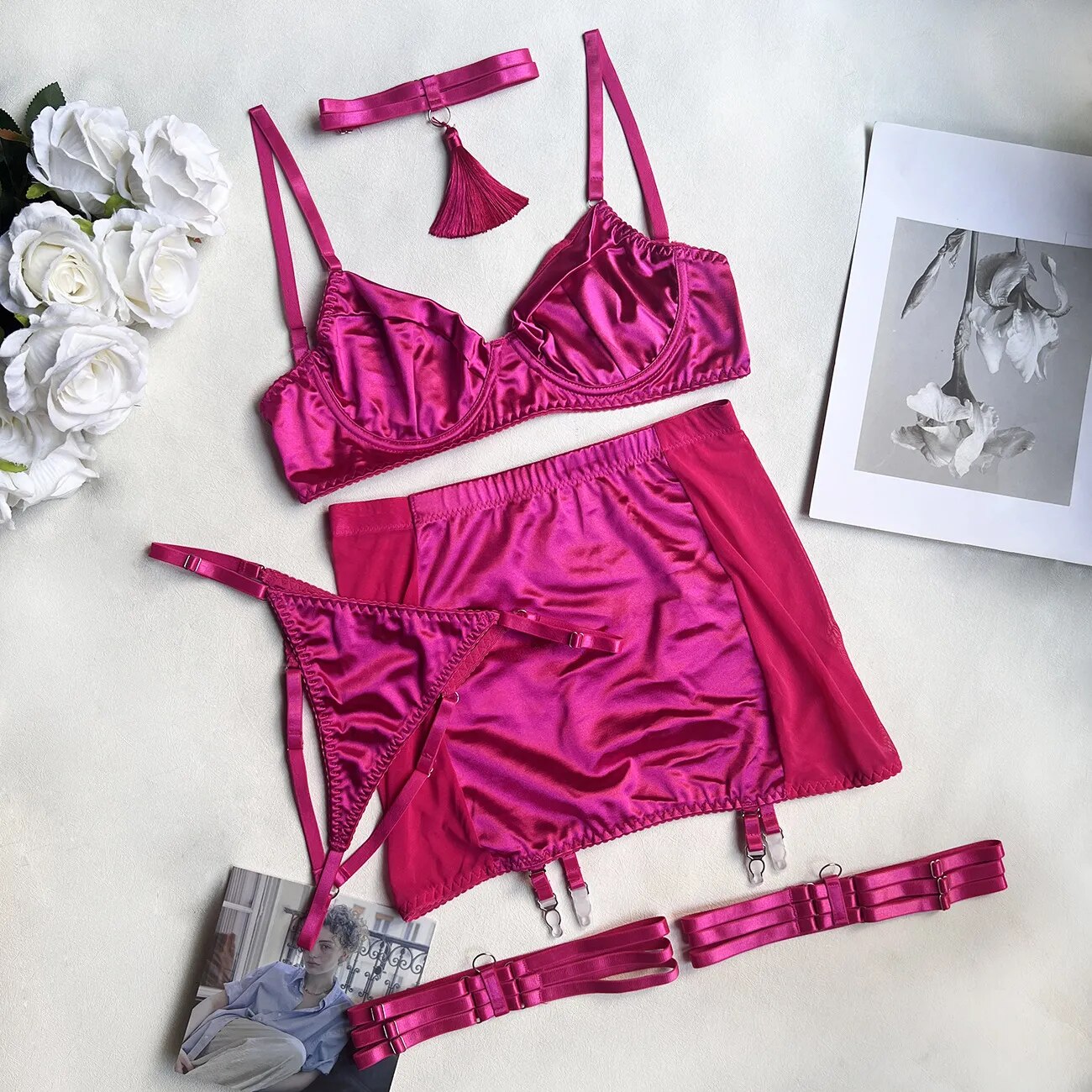 Fine Satin Lingerie Sexy Underwear Lace 5-Piece Sissy Seamless Intimate Uncensored Skirt Fancy Bra And Panty Outfits