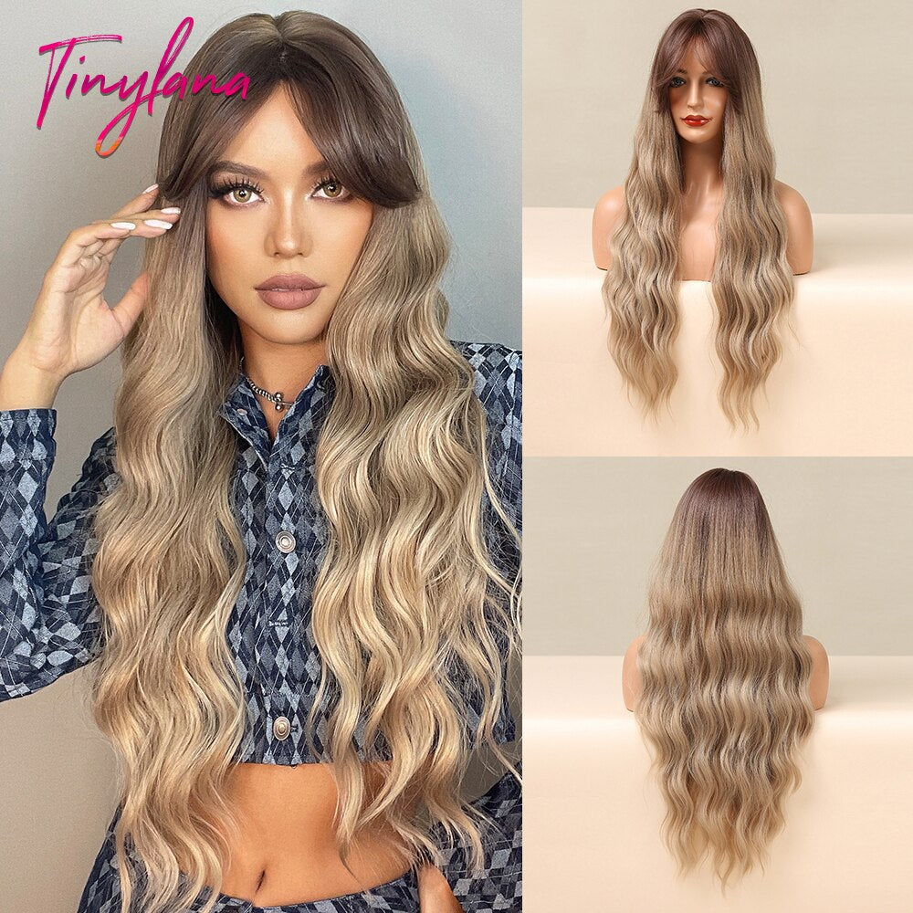 Purple Pink Long Wavy Synthetic Wig with Bangs Cosplay Christmas Halloween Hair Two Tone Ombre Wig For Women Heat Resistant