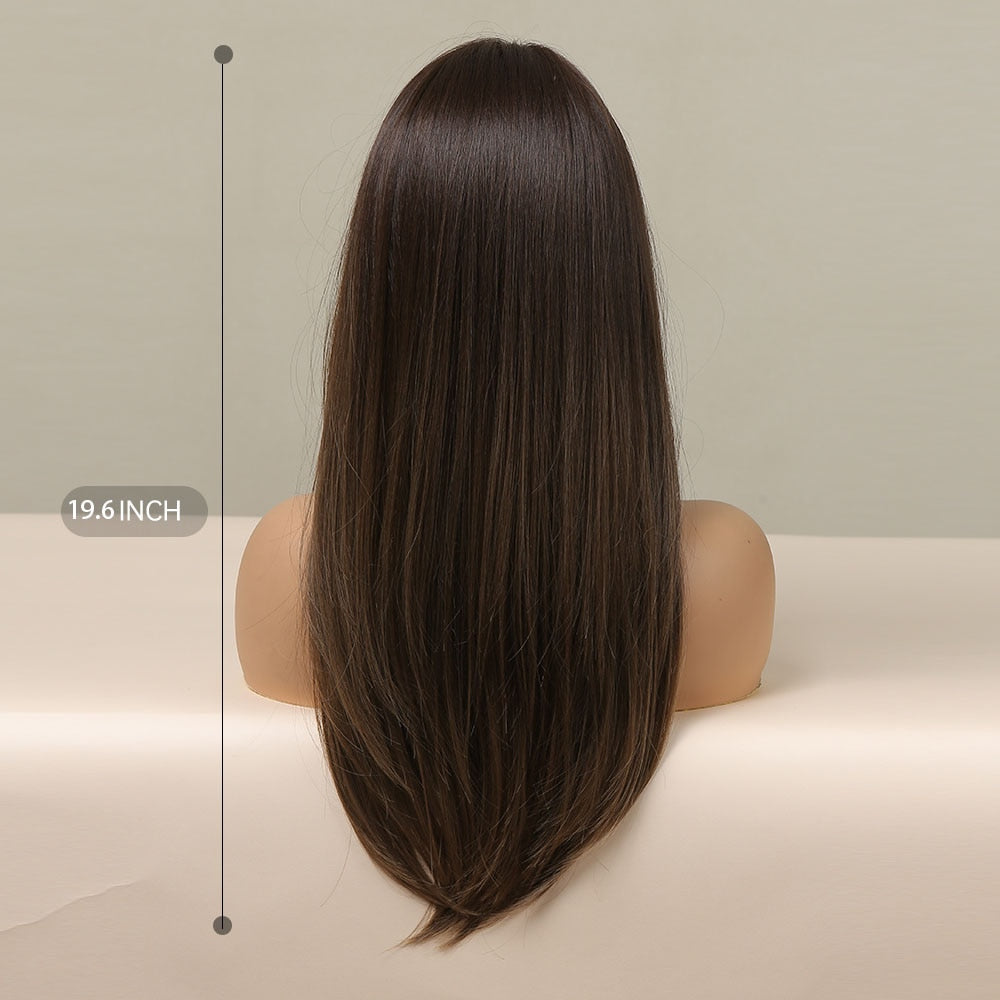 Long Straight Bangs Wigs Natural Ombre Dark Brown Synthetic Hair Wig for Women Daily Cosplay Party Heat Resistant Fiber