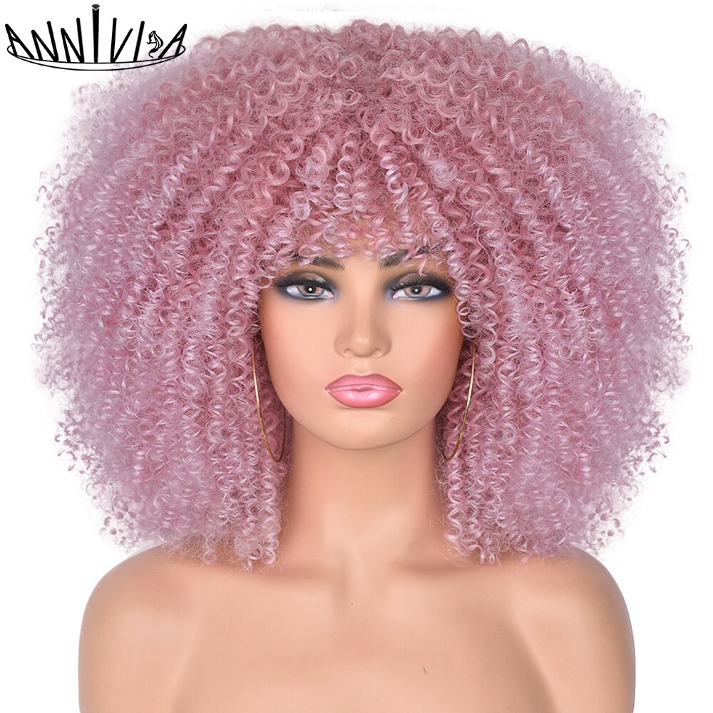 Short Hair Afro Kinky Curly Wigs With Bangs for Black Women Synthetic Ombre Glueless Cosplay Natural Brown Black Pink