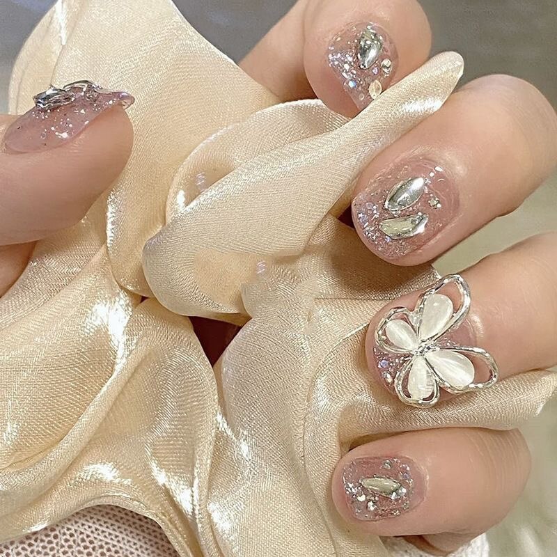 24pcs removeable Romantic Rose short press on nails full cover false nails with glue Bowknot Camellia Diamonds fake Nails