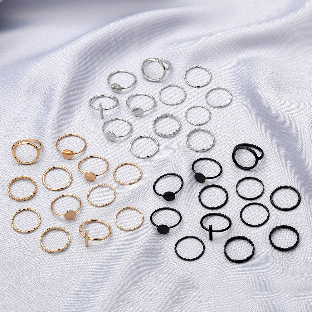 Circle Black Rings Set For Women Vintage Geometric Fried Dough Twists Cross Finger Rings Women Party Jewelry