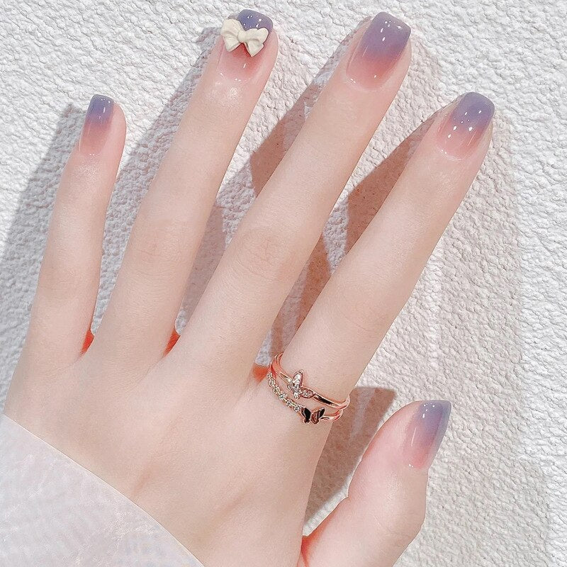 24Pcs Cute Short Square Head False Nails Pink Heart 3D Bow Design Fake Nail with Pearl Rhinestones Full Cover Press on Nail Tip