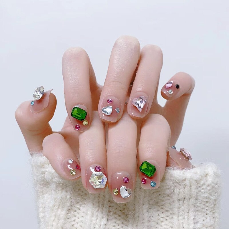 24pcs removeable Romantic Rose short press on nails full cover false nails with glue Bowknot Camellia Diamonds fake Nails