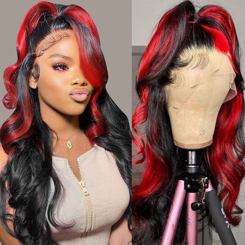 Synthetic Lace Wigs For Women Red With Black Body Wave Glueless Pre Plucked Hairline Wig With Baby Hair Cosplay