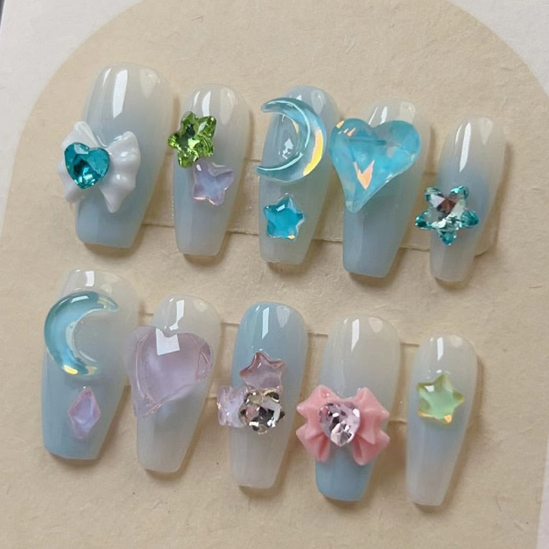 Colourful Handmade Wearing Fake Nails Blue Love Romantic Ice Translucent Colour Finished False Nail Art Removable Easy To Carry
