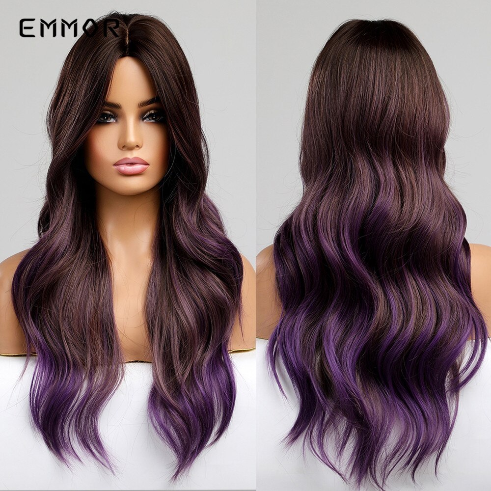 Synthetic Long Wavy Wigs with Bangs Cosplay Natural Ombre Brown to Ash Brown Hair for Women High Temperature Fiber Wig