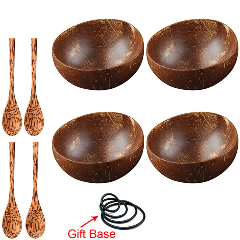 12-15cm Natural Coconut Bowl set wooden Salad Ramen bowl Coconut Wood Spoon Set coco smoothie Kitchen tableware Coconut bowl