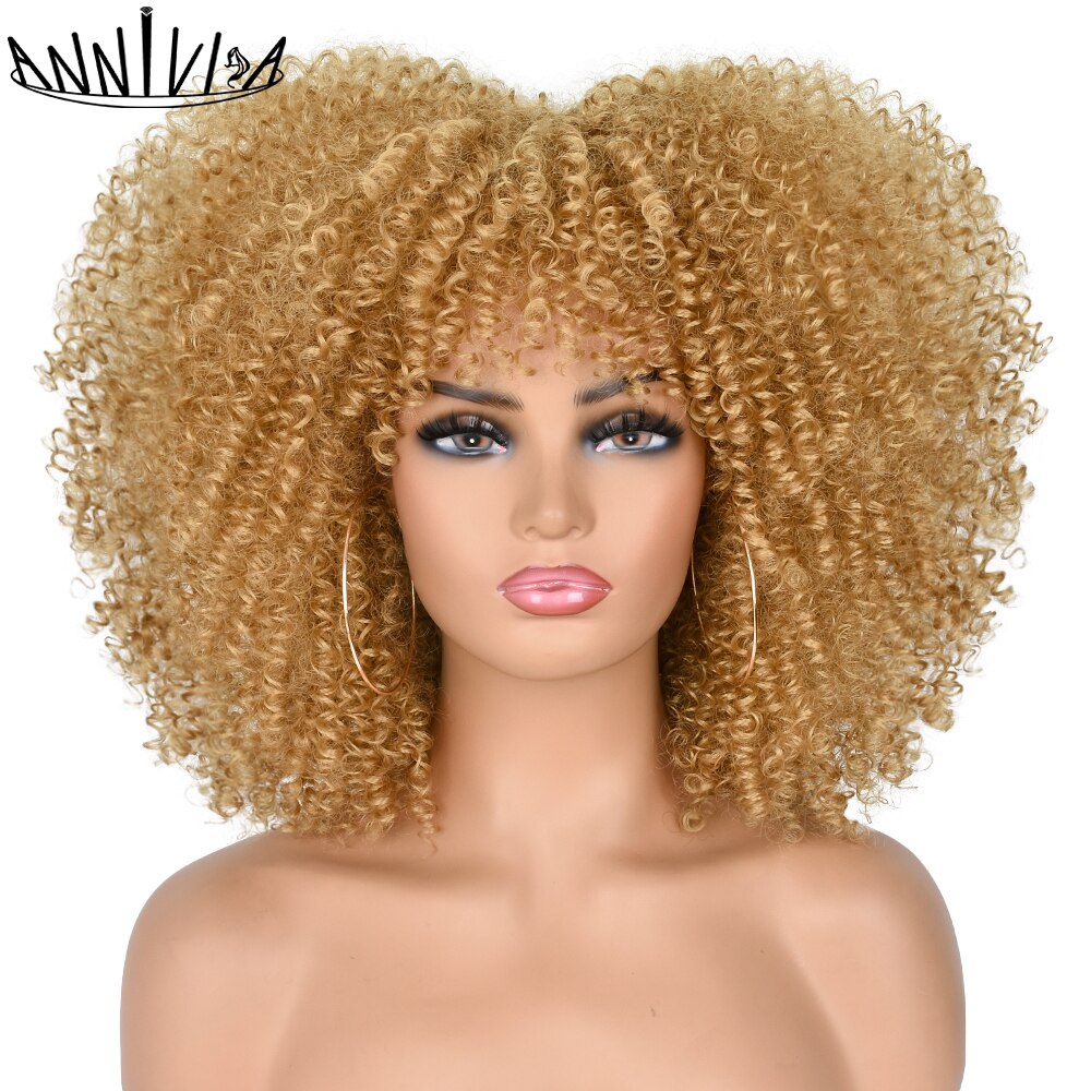 Short Hair Afro Kinky Curly Wigs With Bangs for Black Women Synthetic Ombre Glueless Cosplay Natural Brown Black Pink