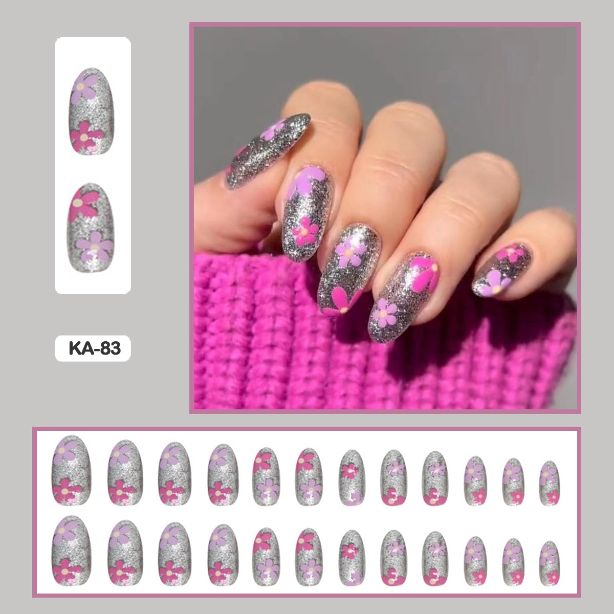 24pcs Girlish Colorful Graffiti Nail Art Fake Nails With Plants Flowers Patterns Short Press on False Nails With Wearing Tools