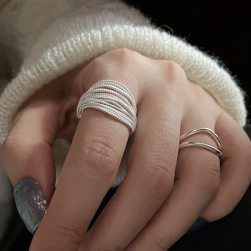 925 Sterling Silver Unique Lines Ring For Women Jewelry Finger Adjustable Open Vintage Ring For Party Birthday