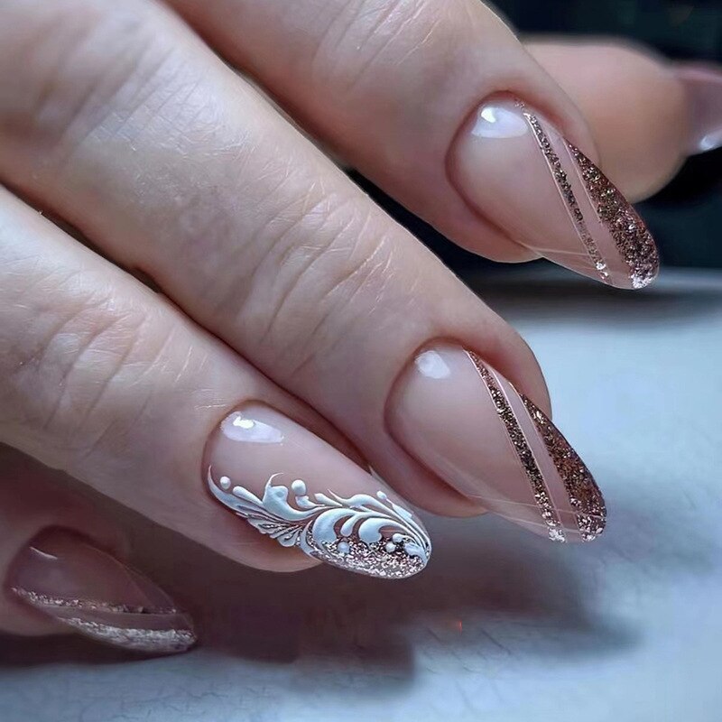 24Pcs Purple Heart Almond False Nails Artificial Simple with Glue French Wearable Fake Nails Full Cover Press on Nails Tips Art