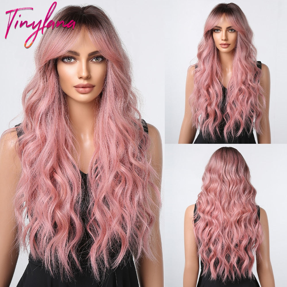 Purple Pink Long Wavy Synthetic Wig with Bangs Cosplay Christmas Halloween Hair Two Tone Ombre Wig For Women Heat Resistant