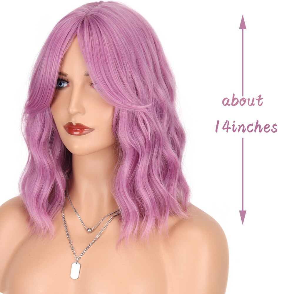 Synthetic Wavy Bob Wigs 14Inch Cosplay Medium Wig With Bangs Natural Hairline Orange Purple Pink Blue Wigs For Women