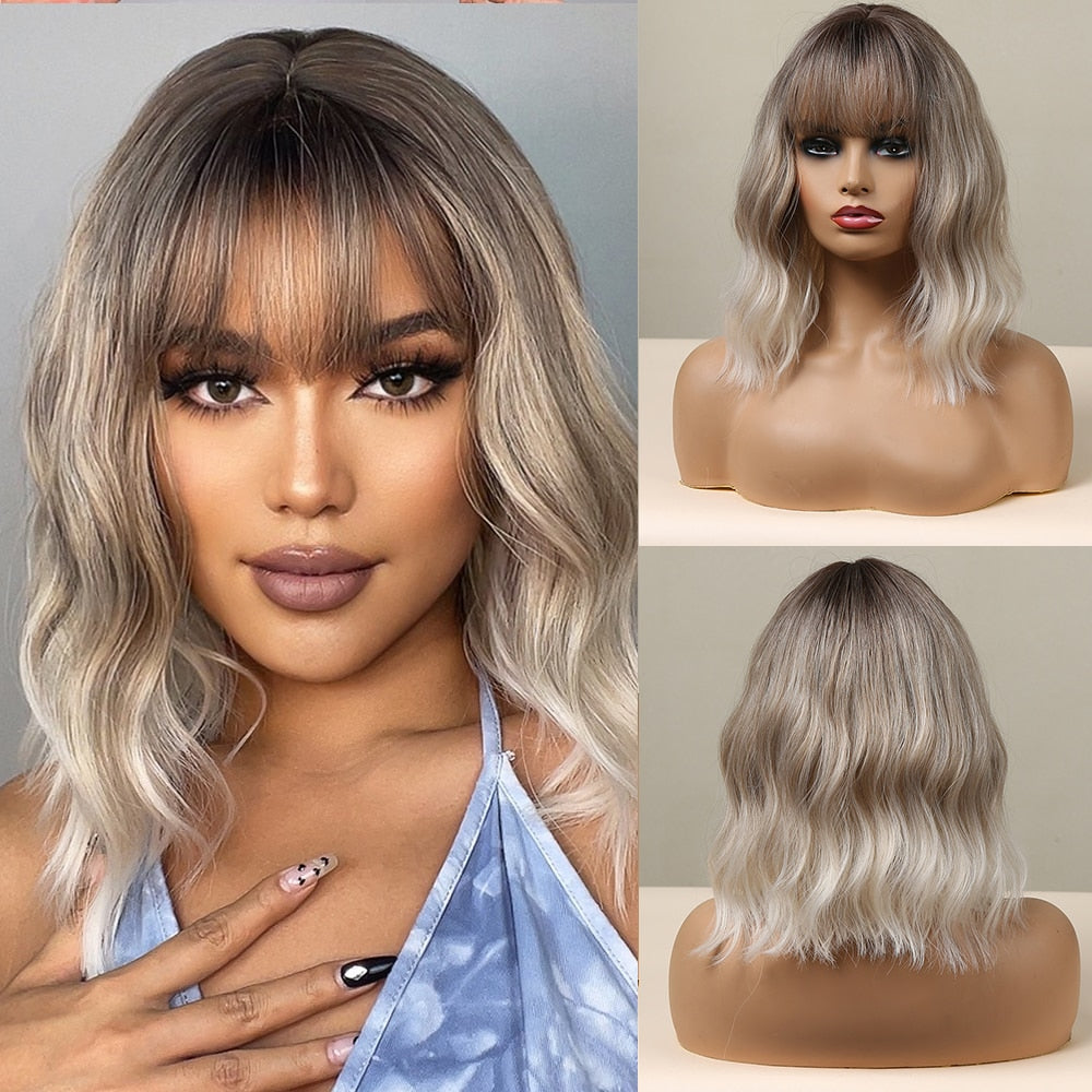 Short Wavy Dark Brown Mixed Golden Wigs with Bangs Black Blonde Bob Synthetic Hair for Women Natural Cosplay Heat Resistant Wig