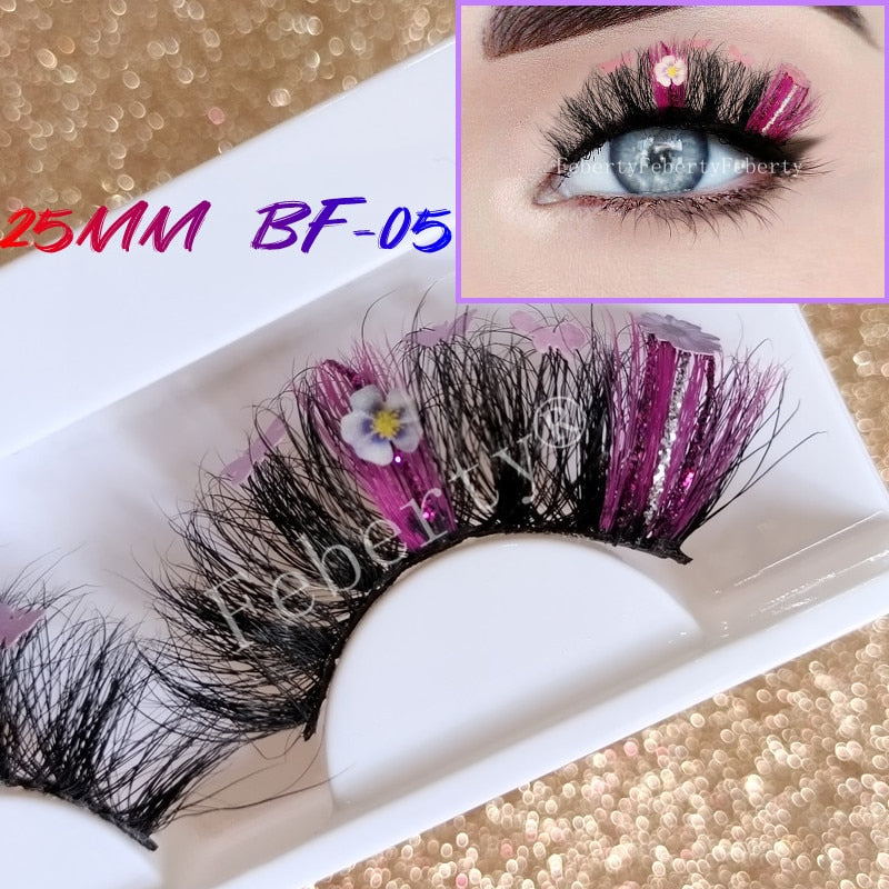 Fluffy lashes 25mm glitter Mink Lashes With Butterfly flowers yellow Pink Green Colorful Lashes Glitter False Eyelashes