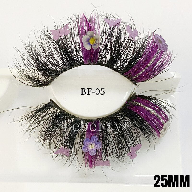 25mm 100% Mink Lashes With Butterflies or flowers glitter colored lashes Full Strip False Eyelash Butterfly Lash