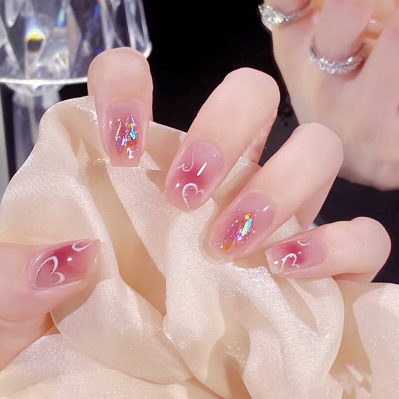 24Pcs Cute Short Square Head False Nails Pink Heart 3D Bow Design Fake Nail with Pearl Rhinestones Full Cover Press on Nail Tip