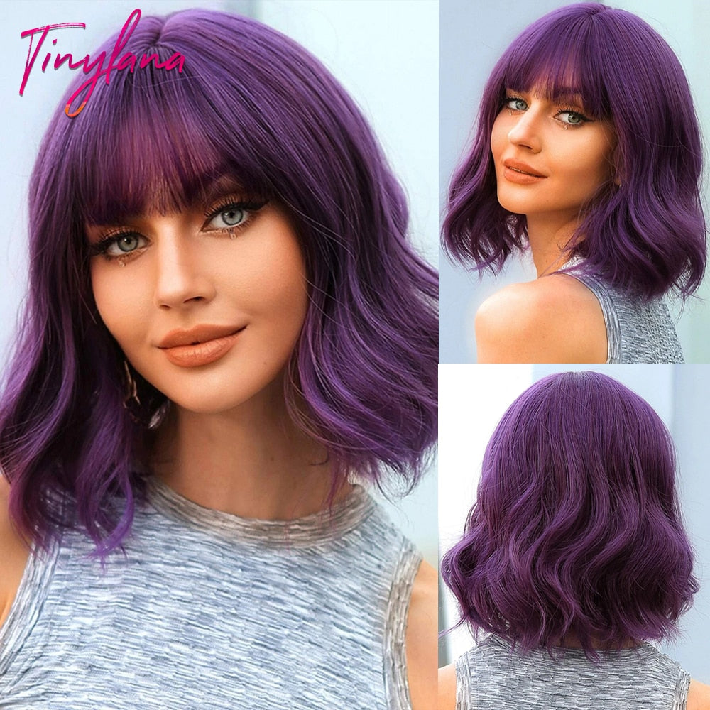 Short Wavy Dark Brown Mixed Golden Wigs with Bangs Black Blonde Bob Synthetic Hair for Women Natural Cosplay Heat Resistant Wig