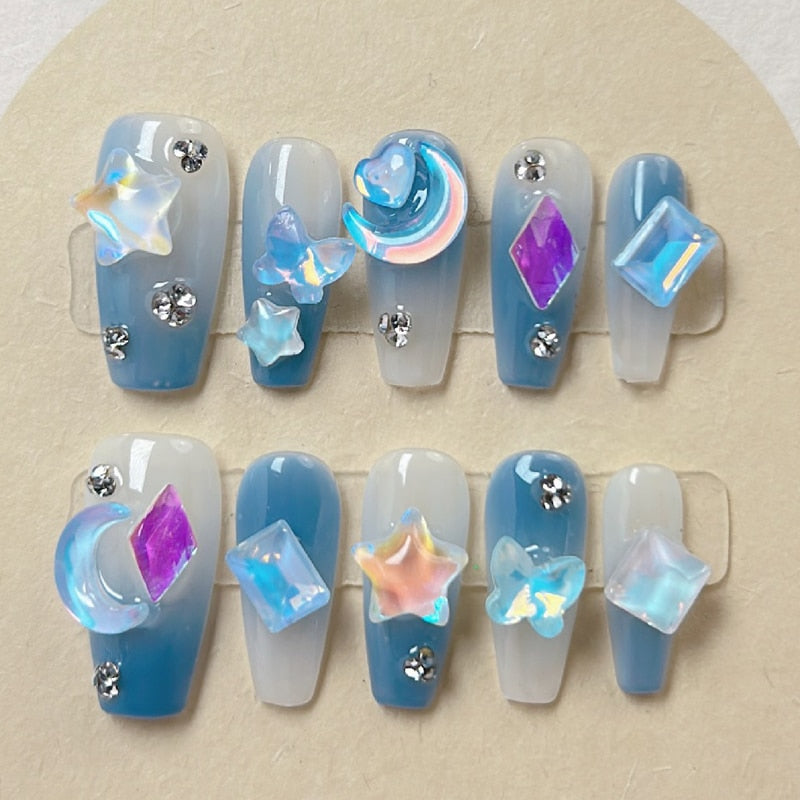 Colourful Handmade Wearing Fake Nails Blue Love Romantic Ice Translucent Colour Finished False Nail Art Removable Easy To Carry
