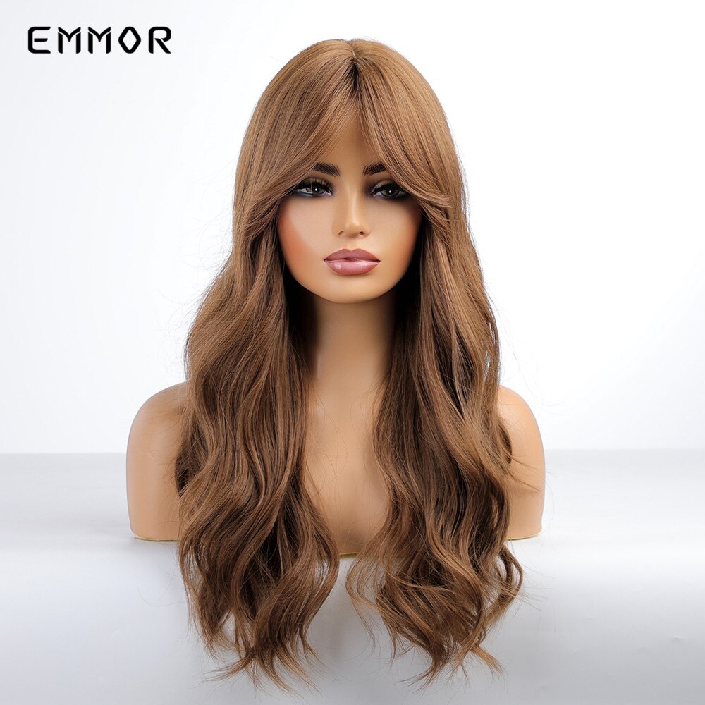 Synthetic Long Wavy Wigs with Bangs Cosplay Natural Ombre Brown to Dark Blonde Hair for Women High Temperature Fiber Wig