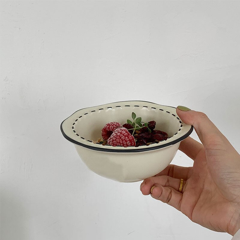 Japanese Cream Cartoon Ceramic Tableware Set Irregular Rice Bowl Soup Ceramic Plate Household Dish Stripe