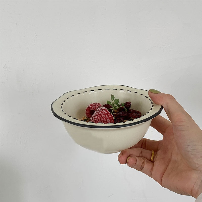 Japanese Cream Cartoon Ceramic Tableware Set Irregular Rice Bowl Soup Ceramic Plate Household Dish Stripe