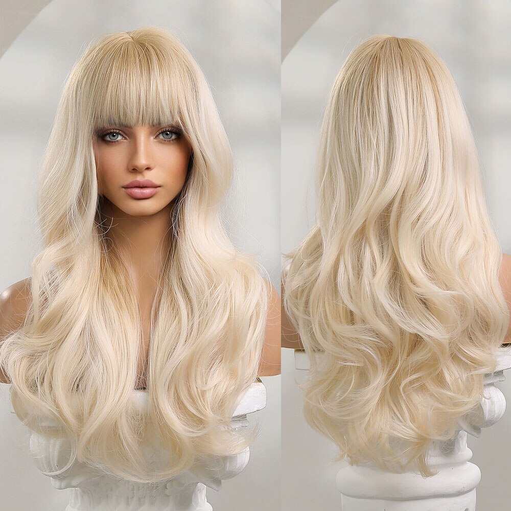 Synthetic Ombre Brown to Ginger Wigs Natural Blonde Wavy Hair Wig for Women Cosplay Orange-brown Daily Wigs with Bangs