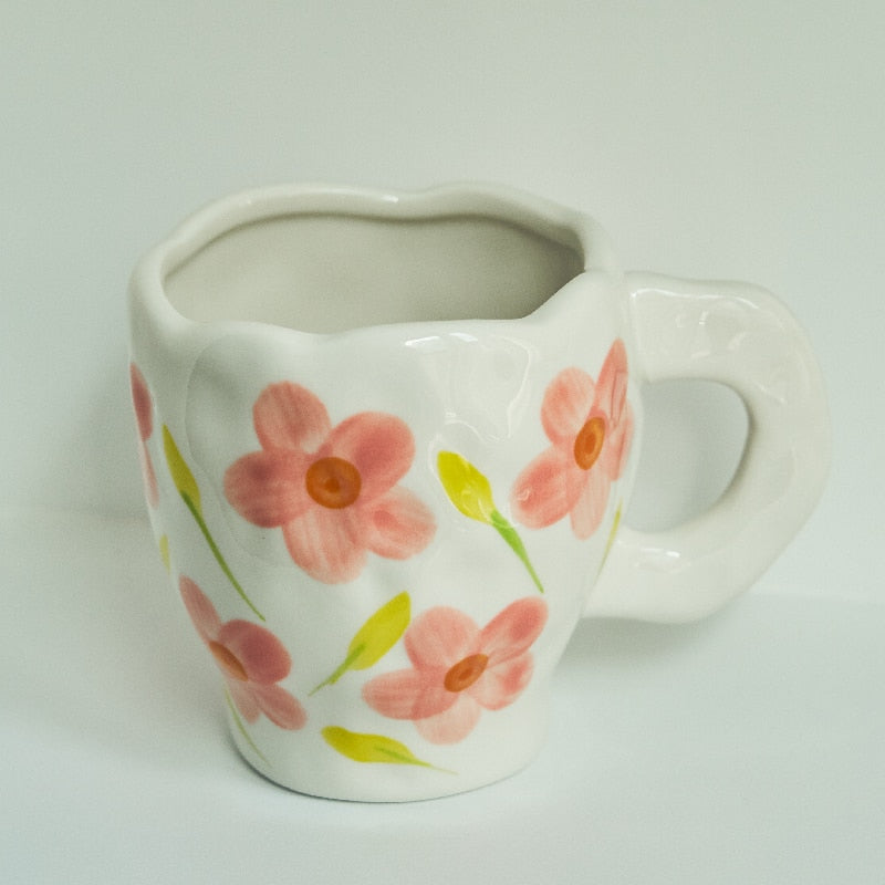 Korean Ins Style Hand Made Irregular Mug Hand Painted Flowers Ceramic Mug Breakfast Cup Coffee Cup Cute Tea Cups