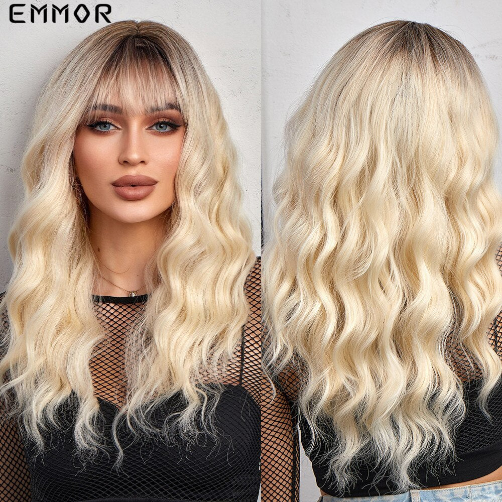 Synthetic Middle Dark Red with Bangs for Women Natural Long Water Wavy Cosplay Hairstyle Heat Resistant Fiber Hair Wigs