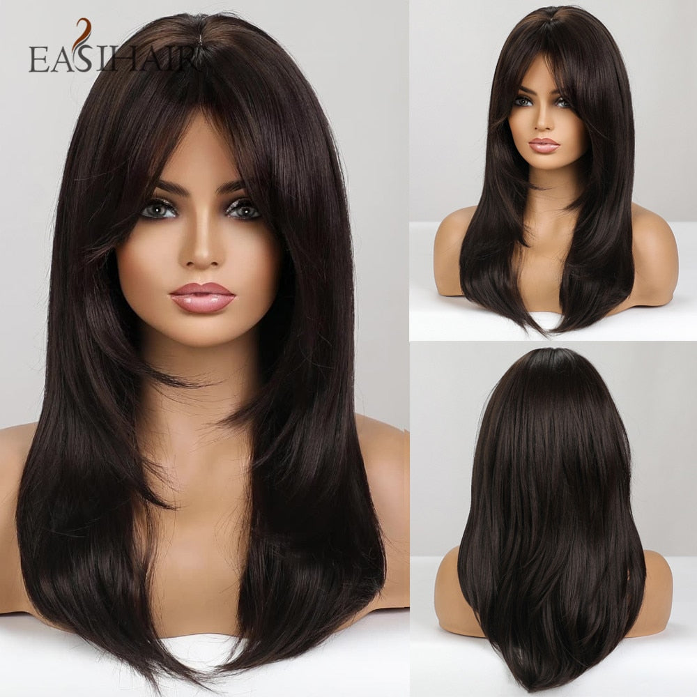 Long Straight Bangs Wigs Natural Ombre Dark Brown Synthetic Hair Wig for Women Daily Cosplay Party Heat Resistant Fiber