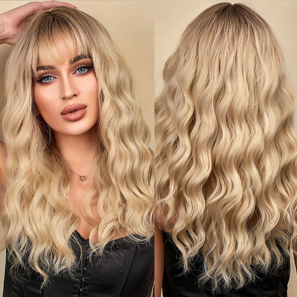 Synthetic Ombre Brown to Ginger Wigs Natural Blonde Wavy Hair Wig for Women Cosplay Orange-brown Daily Wigs with Bangs