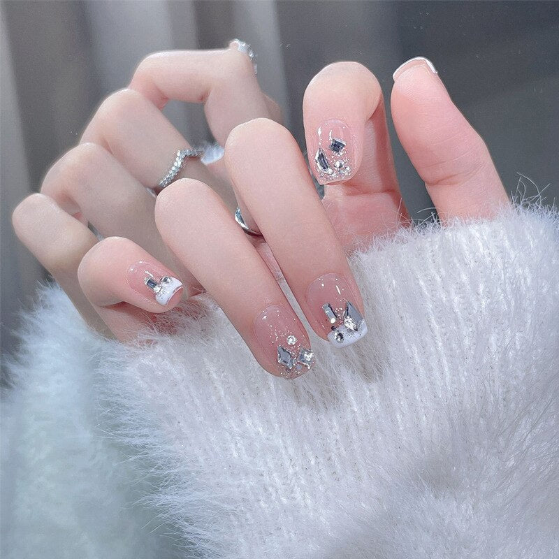 24pcs removeable Romantic Rose short press on nails full cover false nails with glue Bowknot Camellia Diamonds fake Nails
