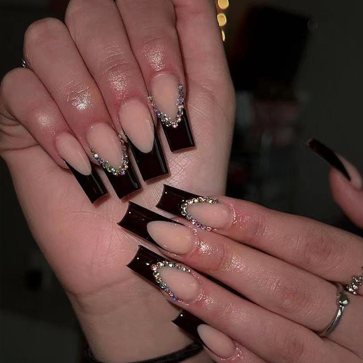 24pcs detachable Extra Long Square head French artificial nails with Diamond acrylic press on nails coffin fake nails with glue