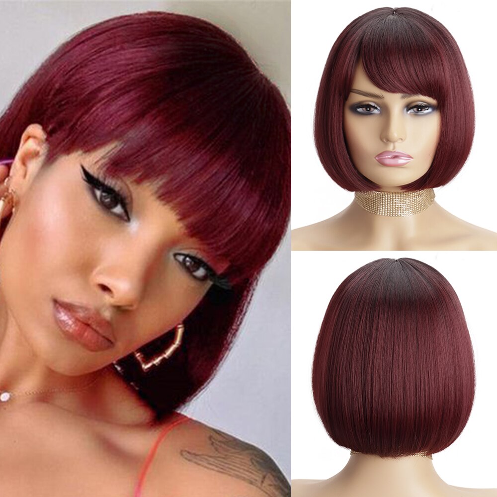 Synthetic Wigs Short Bob With Bangs For Women Ombre Black Red Blonde Pink Lolita Cosplay Party Natural Hair Roll inward