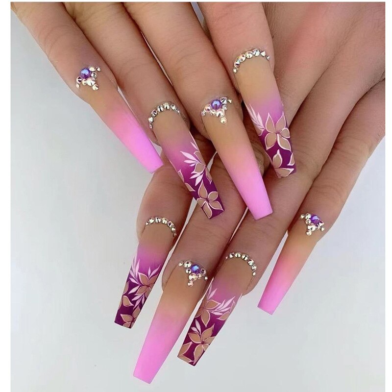 24Pcs Purple Butterfly French False Nails Long Ballerina with Rhinestones Wearable Fake Nails Glitter Press on Nails Tips Art